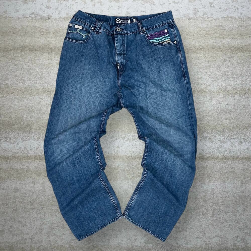 Vintage Y2K LRG Skater Jeans 38x32 Baggy Wide Leg Medium Wash Denim Embroidered - Picture 2 of 5